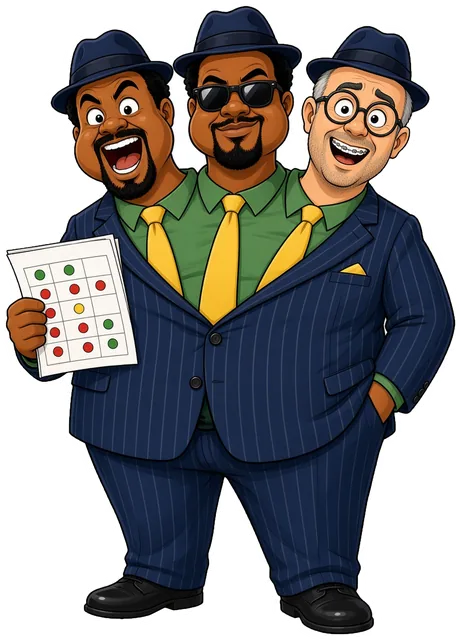 Cartoon of The Don'sss: three heads on one body in a navy pinstripe suit, each wearing a fedora, with a loud moustache, cool shades and nerdy glasses