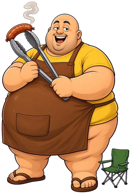 Cartoon of Jt the Giant: a huge, round, smiling braai master in a brown apron and flip-flops, holding tongs with a boerewors sausage