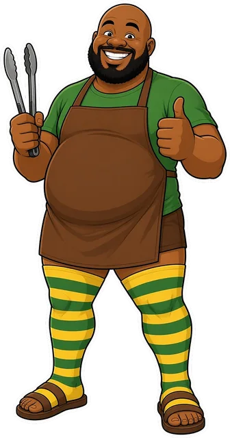 Cartoon of Justy Long Socks: a smiling man in a brown braai apron holding tongs, with sky-high green and yellow striped socks and a thumbs up