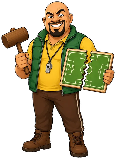 Cartoon of Manager Kraak: a big, bald, bearded coach in a green gilet holding a hammer and a broken tactics board