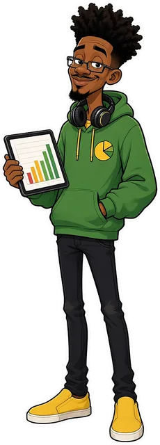 Cartoon of Stat Man Mata: a slim man with an afro-puff and headphones, in a green pie-chart hoodie, holding a tablet full of bar charts