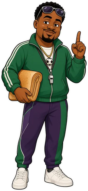 Cartoon of Perly the Main'O: a cool man with shades pushed up on his head, a pearl pendant and a whistle, in a green track jacket, holding a rolled-up tactics board and pointing a finger in the air