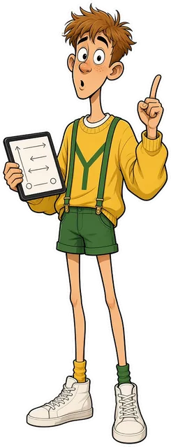 Cartoon of Y Man Richy: a tall skinny young man with ginger hair in a yellow jumper and green braces, one finger raised, holding a tablet